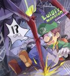  !? 1boy 1other blue_eyes blue_overalls brown_footwear brown_hair bug crying crying_with_eyes_open facial_hair gloves green_headwear green_shirt hat kayako_(bimabima) luigi luigi&#039;s_mansion:_dark_moon mustache overalls shirt spider super_mario_bros. tears white_gloves 