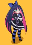  1girl adri_(octoooo) black_dress black_thighhighs blue_ribbon blue_thighhighs blunt_bangs bow breasts colored_inner_hair dress full_body green_eyes hair_bow highres holding holding_stuffed_toy large_bow long_hair multicolored_hair neck_ribbon open_mouth panty_&amp;_stocking_with_garterbelt pink_hair purple_hair ribbon solo standing stocking_(psg) striped striped_thighhighs stuffed_animal stuffed_cat stuffed_toy thigh-highs two-tone_hair 