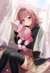  1girl absurdres artist_name black_jacket black_thighhighs blush brown_eyes brown_skirt cherry_blossoms collared_shirt curtains danganronpa_(series) danganronpa_2:_goodbye_despair feet_out_of_frame galaga hair_ornament highres hood hooded_jacket jacket long_sleeves medium_hair monomi_(danganronpa) nanami_chiaki open_clothes open_jacket pleated_skirt rimo_(wjdtndusk) shirt sitting skirt sleeves_past_wrists smile solo thigh-highs white_shirt 