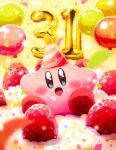  anniversary aruco_co balloon blush_stickers colored_skin confetti food food_on_face fruit hat highres kirby kirby_(series) looking_at_viewer no_humans open_mouth party_hat pink_skin smile solid_oval_eyes star_(symbol) strawberry 