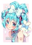  1girl 1other alternate_hairstyle animal animal_ears artist_name bare_shoulders blue_bow blue_eyes blue_hair blue_necktie blush border bow breasts cinnamiku cinnamoroll closed_mouth collared_shirt crossover grey_shirt hair_between_eyes hair_bow hair_ornament hatsune_miku lips looking_at_viewer looking_to_the_side medium_breasts miku_day necktie neko-rina number_tattoo open_mouth outside_border pink_background polka_dot polka_dot_background rabbit_ears rabbit_tail sanrio shirt short_hair sidelocks sleeveless sleeveless_shirt smile star_(symbol) tail tattoo upper_body vocaloid watermark white_border white_fur 