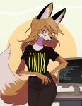  absurdres animal_ears black_shirt blue_eyes brown_pants clothes_writing desk fox_ears fox_girl fox_tail furry glasses highres jewelry linux merryhime monitor necklace on_desk pants shirt sitting sitting_on_desk system_console tail transgender_flag xenia_(linux) 