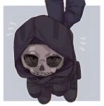 1boy black_gloves black_jacket black_pants call_of_duty call_of_duty:_modern_warfare_2 chibi ghost_(modern_warfare_2) gloves holding hood hood_up hooded_jacket jacket looking_at_viewer male_focus mask pants simple_background skull_mask yqqqqa 