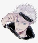  1boy black_blindfold blindfold blindfold_lift blue_eyes gojou_satoru grin hand_up highres jujutsu_kaisen looking_at_viewer male_focus nay_bb portrait short_hair simple_background smile solo v-shaped_eyebrows white_background white_hair 
