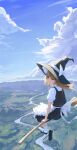  1girl absurdres apron black_dress black_footwear blonde_hair blue_sky bow braid broom broom_riding closed_mouth clouds day dress hair_bow hat hat_bow highres kirisame_marisa long_hair mary_janes midair naxile outdoors river shoes side_braid single_braid sky smile socks solo touhou waist_apron white_bow witch_hat yellow_eyes 