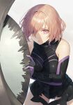  1girl absurdres armored_leotard black_gloves black_leotard breasts cotta_(heleif) elbow_gloves fate/grand_order fate_(series) gloves hair_over_one_eye highres holding holding_shield large_breasts leaning_forward leotard looking_at_viewer lord_camelot_(fate) mash_kyrielight parted_lips pink_hair purple_gloves shadow shield short_hair simple_background solo two-tone_gloves violet_eyes 