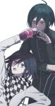  2boys :o ahoge arm_up black_hair black_jacket bottle brown_eyes buttons checkered_clothes checkered_scarf danganronpa_(series) danganronpa_v3:_killing_harmony flipped_hair hair_between_eyes holding holding_bottle jacket long_sleeves male_focus multiple_boys open_mouth ouma_kokichi saihara_shuuichi scarf seuli_(sa404_3) simple_background striped striped_jacket violet_eyes white_jacket 