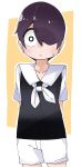 1boy absurdres arms_behind_back black_shirt blush closed_mouth genderswap genderswap_(ftm) highres jijou_wo_shiranai_tenkousei_ga_guigui_kuru. kawamura_taku long_bangs looking_at_viewer male_focus neckerchief nishimura_akane one_eye_covered sailor_collar shirt short_hair shorts solo sweat white_neckerchief white_shorts