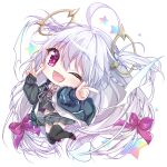  1girl :d absurdres ahoge amatsuji black_jacket black_skirt black_thighhighs blush bow braid chibi commentary_request demon_girl demon_tail demon_wings dia_(amatsuji) eyelashes eyes_visible_through_hair fang grey_hair hair_between_eyes hair_bow hair_spread_out hands_up happy heart heart_tail highres hood hood_down hooded_jacket jacket jumping long_hair looking_at_viewer miniskirt open_clothes open_jacket open_mouth open_shirt original pink_bow pink_ribbon pleated_skirt pointing pointing_at_viewer red_eyes ribbon shirt simple_background single_braid skirt sleeves_past_wrists smile solo sparkling_eyes star_(symbol) tail thigh-highs two_side_up v very_long_hair white_background white_shirt wings zettai_ryouiki 