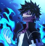  1boy alternate_eye_color black_hair black_jacket blue_fire boku_no_hero_academia burn_scar cel_shading cheek_piercing commentary_request dabi_(boku_no_hero_academia) ear_piercing embers fingernails fire from_side green_eyes grin hair_over_one_eye hand_up hatsuta high_collar jacket looking_at_viewer looking_to_the_side male_focus multiple_piercings multiple_scars partial_commentary piercing profile pyrokinesis scar scar_on_face scar_on_neck shirt short_hair short_sleeves sideways_glance smile solo spiky_hair t-shirt upper_body white_shirt 