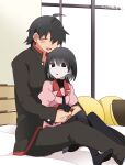  1boy 1girl :d ahoge araragi_koyomi arm_between_legs arms_around_waist bed bed_sheet bedroom black_eyes black_gloves black_hair black_jacket black_necktie black_pants black_pantyhose black_shirt black_undershirt blush blush_stickers bob_cut breasts closed_eyes collaboration colored_skin empty_eyes expressionless feet_out_of_frame front_to_back gakuran gloves grey_skirt hair_over_eyes hair_over_one_eye hammer_(sunset_beach) hand_on_another&#039;s_hand headboard hetero highres hug hug_from_behind jacket juliet_sleeves knees_together_feet_apart knees_up long_sleeves looking_at_viewer monogatari_(series) naoetsu_high_school_uniform necktie no_shoes on_bed open_mouth oshino_ougi pale_skin pants pantyhose parted_lips pink_shirt pleated_skirt puffy_sleeves school_uniform second-party_source shirt short_hair shoutai_(mtj5n) sitting skirt small_breasts smile spooning surprised turning_head turtleneck white_skin window 