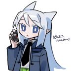  1girl black_necktie blue_coat blue_eyes bright_pupils cellphone coat collared_shirt colored_eyelashes commentary copyright_name expressionless green_skirt half-closed_eyes hand_up highres holding holding_phone hood hood_down hooded_coat long_hair long_sleeves looking_at_viewer moshimo_moshiko necktie nuinuiwawan open_clothes open_coat phone pleated_skirt pointy_ears shirt shirt_tucked_in skirt smartphone solo talking_on_phone translation_request upper_body white_hair white_pupils white_shirt zelmoni 