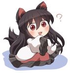  1girl ? animal_ears blush brown_hair dress frilled_sleeves frills hair_between_eyes imaizumi_kagerou long_hair open_mouth red_dress red_eyes rokugou_daisuke signature sleeves_past_fingers sleeves_past_wrists solo tail touhou white_dress wide_sleeves wolf_ears wolf_tail 