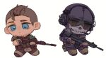  2boys belt black_belt black_hair black_jacket blue_eyes brown_gloves call_of_duty call_of_duty:_modern_warfare_2 camouflage camouflage_pants chibi closed_mouth facial_hair ghost_(modern_warfare_2) gloves green_pants grey_pants gun holding holding_gun holding_weapon jacket male_focus mask multiple_boys pants short_hair sidecut simple_background skull_mask soap_(modern_warfare_2) weapon white_background yqqqqa 