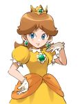  1girl blue_eyes brown_hair crown dress earrings flower_earrings gloves highres jewelry long_hair princess_daisy puffy_short_sleeves puffy_sleeves sasaki_sakiko short_sleeves simple_background solo super_mario_bros. white_background white_gloves yellow_dress 