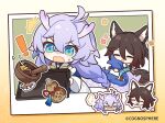 ! &gt;_&lt; 2girls :d ^_^ angry animal_ears bailu_(honkai:_star_rail) blue_hair bowl braid brown_hair chibi closed_eyes commentary_request copyright_name food hair_between_eyes honkai:_star_rail honkai_(series) horns long_hair multiple_girls official_art open_mouth smile sweat tail tingyun_(honkai:_star_rail) touching_tail v-shaped_eyebrows
