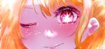  1girl artist_name blonde_hair blush close-up closed_mouth commentary_request eye_focus highres hoshino_ruby one_eye_closed oshi_no_ko partial_commentary pink_eyes sizu_picture solo star-shaped_pupils star_(symbol) symbol-shaped_pupils 