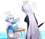  2girls ? ?? arona_(blue_archive) blue_archive blue_eyes chair grey_hair halo highres long_hair looking_at_another multiple_girls on_chair open_mouth plana_(blue_archive) school_uniform serafuku short_hair sitting skirt table very_long_hair white_skirt yo_na 