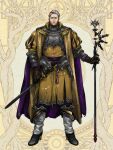  1boy armor belt black_footwear brown_gloves cape dairoku_ryouhei frown gloves grey_hair long_sleeves looking_at_viewer male_focus multicolored_hair puffy_long_sleeves puffy_sleeves purple_cape shakamuni sheath sheathed solo standing streaked_hair taylor_fiedler yellow_background yellow_tunic 