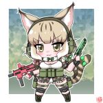  1girl animal_ears belt boots camouflage cat_ears cat_girl cat_tail closed_mouth extra_ears fingerless_gloves gloves green_eyes grey_hair gun headphones highres jungle_cat_(kemono_friends) kemono_friends kemono_friends_v_project long_hair looking_at_viewer mabuta_(mbt) microphone ribbon shirt simple_background skirt solo tail twintails virtual_youtuber weapon 