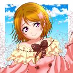  1girl bare_shoulders blue_sky bow bowtie brown_bow brown_hair cherry_blossoms closed_mouth clouds day dress flower hair_flower hair_ornament koizumi_hanayo layered_dress long_sleeves looking_at_viewer love_live! love_live!_school_idol_project pink_dress short_hair sky smile solo upper_body violet_eyes wide_sleeves zk_(mery_98) 