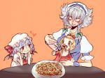  3girls aged_down baby bib blonde_hair braid curly_hair flandre_scarlet food hat highres izayoi_sakuya luo_qiangwei maid mob_cap multiple_girls pasta purple_hair remilia_scarlet spaghetti touhou twin_braids white_hair 