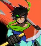  1boy axe black_gloves black_hair blue_bodysuit bodysuit collarbone dated dual_wielding getter_robo gloves glowing glowing_eye green_scarf grin holding holding_axe kedama_zero male_focus nagare_ryoma orange_background over_shoulder scarf shin_getter_robo sideburns signature smile solo spiky_hair weapon weapon_over_shoulder 