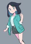  1girl :o absurdres aqua_eyes black_hair clenched_hand clenched_hands collarbone commentary_request cowlick eyelashes green_jacket grey_background hair_ornament hairclip hand_up highres jacket knees liko_(pokemon) medium_hair open_clothes open_jacket parted_lips pokemon pokemon_(anime) pokemon_horizons shirt shorts simple_background solo tankobukids white_shirt 