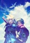  1boy 1girl belt blonde_hair blue_cloak blue_eyes blue_sky bow bracelet brother_and_sister cape cloak clouds cloudy_sky cowboy_shot day dragon dragon_quest dragon_quest_v dress female_child gloves green_bow hair_bow hero&#039;s_daughter_(dq5) hero&#039;s_son_(dq5) holding_hands jewelry long_hair low_ponytail male_child open_mouth outdoors parted_lips pink_cloak purple_cloak short_hair siblings sky spiky_hair sword teeth torn_clothes tunic twins upper_teeth_only weapon weapon_on_back white_gloves yuza 