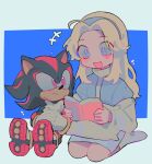 1boy 1girl animal_nose blonde_hair blue_background blue_dress blue_eyes blue_hairband blush book closed_mouth commentary dress english_commentary full_body furry furry_male hairband highres holding holding_book kneeling littlebunniboo long_hair long_sleeves looking_at_another maria_robotnik open_mouth own_hands_clasped own_hands_together reading red_eyes shadow_the_hedgehog shoe_soles simple_background sitting smile socks sonic_(series) white_socks