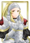  1girl absurdres armor blonde_hair border closed_mouth fire_emblem fire_emblem_engage full_armor gauntlets hand_on_own_chest helmet highres jade_(fire_emblem) long_hair long_sleeves looking_at_viewer midori_no_baku pauldrons plate_armor ponytail serious shoulder_armor simple_background solo twitter_username very_long_hair visor_(armor) white_background yellow_eyes 