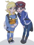  2boys :d :o ahoge backpack bag black_footwear blonde_hair blue_jacket blue_jumpsuit boots calem_(pokemon) clemont_(pokemon) commentary_request dedenne glasses grey_eyes hand_up hat highres holding holding_pokemon jacket jumpsuit leaning_forward long_sleeves male_focus multiple_boys open_mouth pants pokemon pokemon_(creature) pokemon_(game) pokemon_xy red_headwear round_eyewear sana_(37pisana) shoes smile 