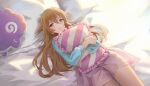  1girl bed_sheet brown_hair closed_mouth commentary hair_between_eyes holding holding_pillow konoe_kanata long_hair looking_at_viewer love_live! love_live!_nijigasaki_high_school_idol_club lying maachi_(fsam4547) on_back pajamas pillow smile solo thighs violet_eyes 