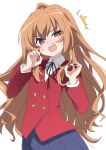 1girl @_@ ^^^ aisaka_taiga blush brown_eyes brown_hair ixy long_hair looking_at_viewer open_mouth school_uniform simple_background solo teeth toradora! upper_teeth_only white_background 