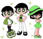  1girl black_footwear black_thighhighs blush buttercup_(ppg) commentary crossed_arms demon_tail dress english_commentary green_dress green_eyes hands_in_pockets hands_on_own_hips hat hat_ribbon heart highres jacket kim_crab lightning_bolt_symbol looking_at_viewer mary_janes multiple_views powerpuff_girls ribbon sandals shoes short_hair sleeveless sleeveless_dress smile sneakers sparkle sulking sundress tail thigh-highs tongue tongue_out white_thighhighs 