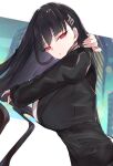  1girl adjusting_hair black_hair black_jacket blue_archive breasts bright_pupils chankuro hair_ornament hairclip highres jacket large_breasts long_hair looking_at_viewer red_eyes rio_(blue_archive) solo sweat very_long_hair white_pupils 