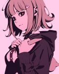  1girl backpack bag black_shirt breasts collared_shirt danganronpa_(series) danganronpa_2:_goodbye_despair dress_shirt flipped_hair galaga hair_ornament hands_up hood hood_down jacket long_sleeves looking_at_viewer medium_hair moshimoshibe nanami_chiaki neck_ribbon pink_eyes pink_hair ribbon shirt skirt smile solo two-tone_shirt upper_body white_shirt 