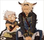  2boys ahoge animal_ears belt black_belt black_cape brown_footwear brown_hair cake cape closed_eyes collarbone crumbs ear_piercing erune facepaint facial_hair food food_on_face fork goatee granblue_fantasy hairband harvin holding holding_fork kua0u0 lowain_(granblue_fantasy) male_focus multiple_boys open_mouth pants piercing plate pointy_ears sitting skull_(granblue_fantasy) sparkle teeth torso_grab upper_teeth_only white_background white_hair white_pants wrist_belt 