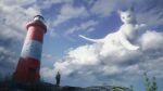  1boy absurdres amamidori animal blue_sky building cat clouds day highres lighthouse looking_up outdoors oversized_animal scp_foundation sky standing 