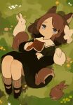  1girl absurdres animal animal_ears black_dress black_footwear blue_eyes book bow brown_hair closed_mouth dress flower hair_bow highres holding holding_book lying on_back original outdoors rabbit rabbit_ears rabbit_girl sakutake_(ue3sayu) sleeping sleeping_animal socks solo 