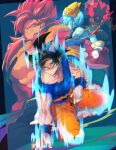  1girl aeos_(dragon_ball) black_hair blue_eyes blue_sash body_fur breasts closed_mouth dougi dragon_ball dragon_ball_heroes earrings gloves gogeta_(xeno) jewelry long_hair looking_at_viewer metamoran_vest monkey_boy monkey_tail multiple_boys muscular omega_shenron_(xeno) ommmyoh open_mouth pants potara_earrings red_fur saiyan sash smile son_goku spiky_hair super_full_power_saiyan_4_limit_breaker super_saiyan super_saiyan_4 tail time_patrol_(dragon_ball) twitter_username 