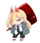  1girl black_necktie blonde_hair chainsaw_man chibi collared_shirt cross-shaped_pupils demon_horns full_body hair_between_eyes horns jacket long_hair looking_at_viewer mota necktie power_(chainsaw_man) red_horns sharp_teeth shirt simple_background smile solo symbol-shaped_pupils teeth white_shirt yellow_eyes 