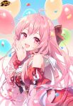  1girl :d absurdres balloon bow commentary confetti copyright dress english_commentary fujita_kana highres kusumoto_shizuru logo long_hair mahjong_soul official_art open_mouth pink_bow pink_dress pink_eyes pink_hair smile solo 