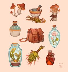  bag bottle corked_bottle english_commentary eyanin flower handbag herb highres mortar_(bowl) mushroom no_humans original pestle plant pocket potion simple_background 