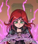  1girl black_gloves brown_jacket dagger fingerless_gloves gloves green_eyes holding holding_weapon indoors jacket katarina_(league_of_legends) knife league_of_legends long_hair looking_at_object looking_down magic open_clothes open_jacket phantom_ix_row redhead scar scar_across_eye shoulder_plates solo weapon 