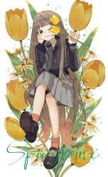  1girl absurdres black_eyes black_jacket blush bouquet brown_hair brown_socks bubble daisy english_commentary english_text flower full_body grey_skirt highres holding holding_flower invisible_chair jacket long_hair long_sleeves looking_at_viewer mary_janes one_eye_closed original pink_lips pleated_skirt sakurada22 shoes sitting skirt sleeves_past_wrists socks solo star_(symbol) track_jacket tulip very_long_hair white_background yellow_flower yellow_tulip 