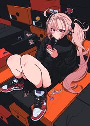  1girl absurdres air_jordan black_jacket blunt_bangs blush ear_piercing heart highres holding holding_phone jacket long_sleeves looking_at_viewer luvluvvox lying nike on_back phone piercing pink_eyes pink_nails shoe_box sticker twintails 