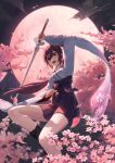  1girl boots bow brown_eyes brown_hair cherry_blossoms clouds full_moon highres holding holding_sword holding_weapon japanese_clothes long_hair looking_at_viewer midair moon naxile night open_mouth original outdoors pleated_skirt sash shirt skirt solo sword weapon white_shirt 