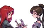  2girls blush brown_hair character_request closed_eyes english_commentary from_side hair_bun holding holding_weapon katarina_(league_of_legends) league_of_legends long_hair multiple_girls off_shoulder phantom_ix_row ponytail profile redhead shoulder_plates simple_background single_hair_bun upper_body weapon white_background 
