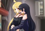  2girls ahoge black_choker black_hair black_shirt blonde_hair blue_shirt blush bocchi_the_rock! choker closed_eyes collarbone commentary_request ear_piercing hug hug_from_behind ijichi_seika long_hair long_sleeves multiple_girls off-shoulder_shirt off_shoulder okayu_(joneydcd) pa-san piercing red_eyes shirt yuri 